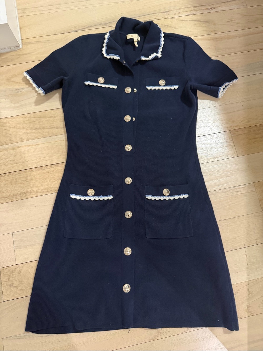 Maje Classic Navy Short-Sleeve Button-Front Dress with Contrast Trim